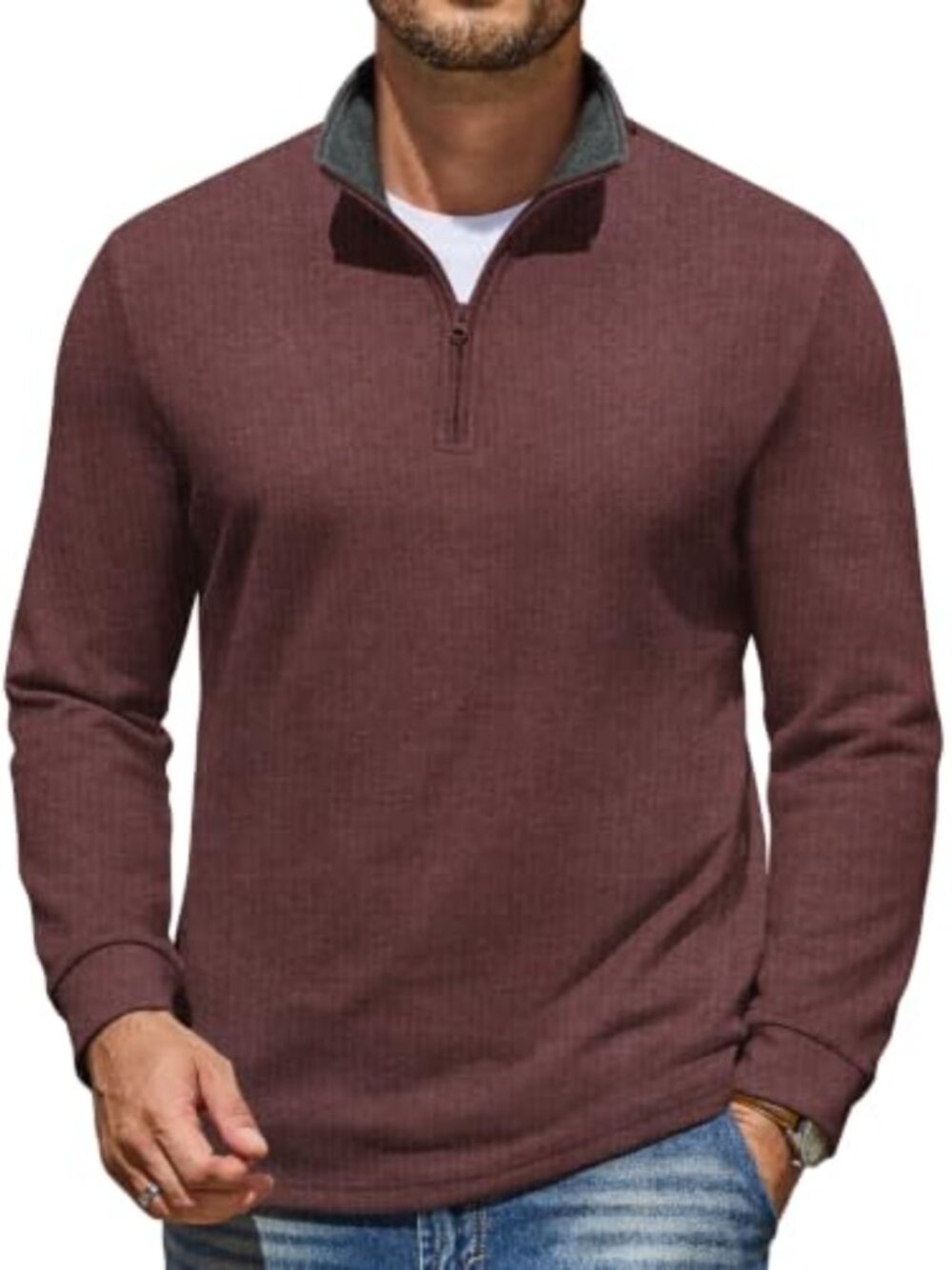 Men's Quarter Zip Pullover Mock Neck Sweatshirt Long Sleeve Sweater